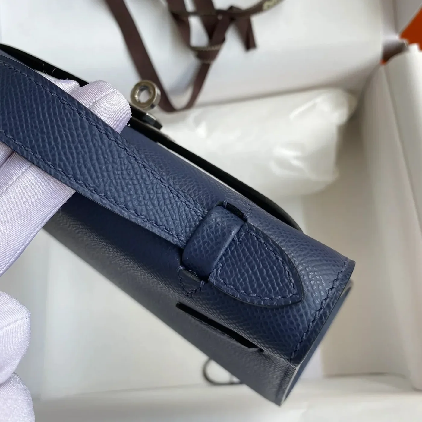 Hermes Kelly Pochette Top Handle Bag in Navy Epsom Palladium Hardware