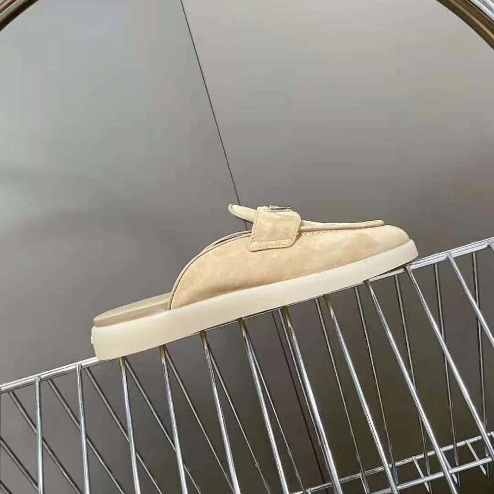 Prada Suede Leather Sabots with Enameled Metal Triangle Logo for Unisex in Brown