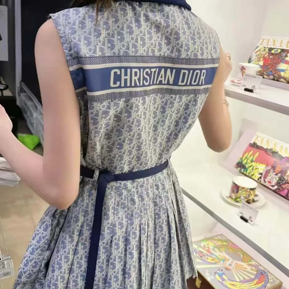 Dior Pleated Short Dress Light Blue and Ecru Technical Taffeta Jacquard for Women Dior Pleated Short Dress Light Blue and Ecru Technical Taffeta Jacquard for Women