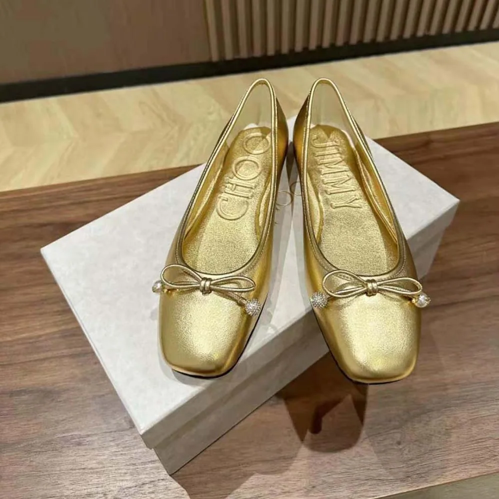 Jimmy Choo Elme Flat Gold Metallic Nappa Leather Flats with Pearl Embellishment for Women Jimmy Choo Elme Flat Gold Metallic Nappa Leather Flats with Pearl Embellishment for Women