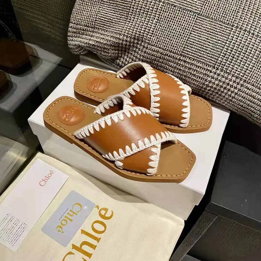 Chloe Woody Flat Slide for Women in Brown