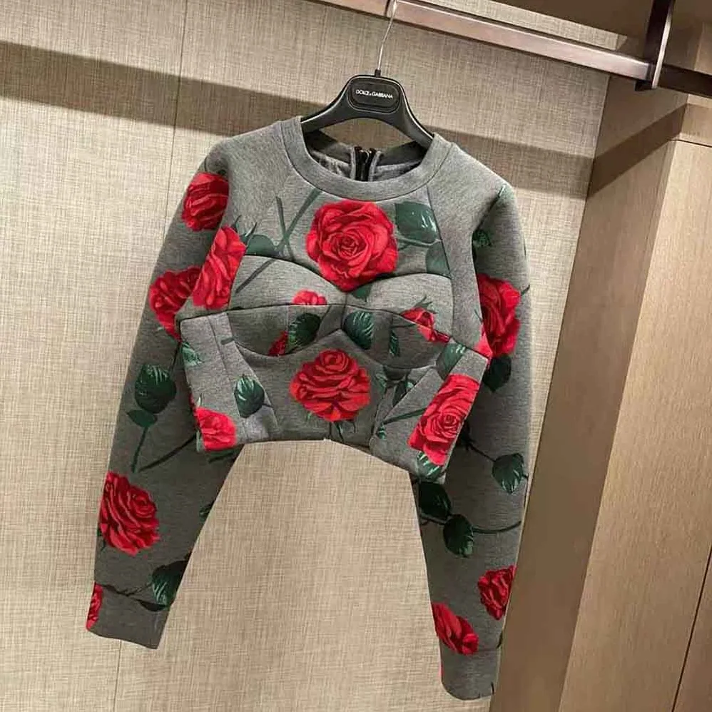 Dolce Gabbana D&G Technical Jersey Sweatshirt with Flocked Rose Print and Bustier Details for Women