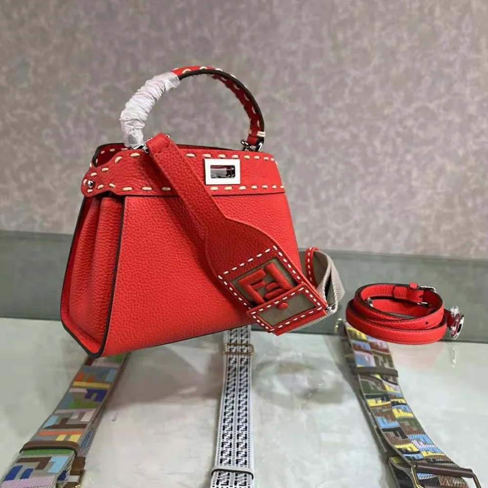 Fendi Peekaboo Iconic Mini Full Grain Leather Bag for Women in Red