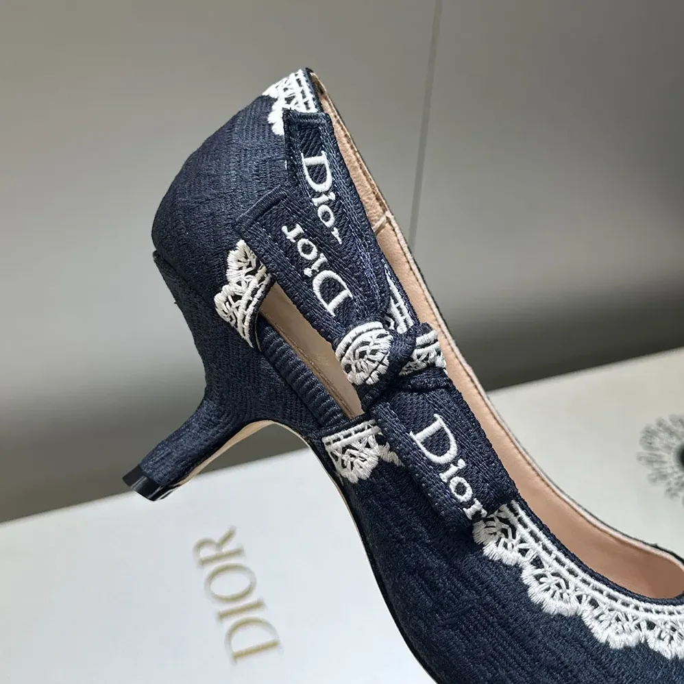 Dior J'Adior Pump Blue Dior Oblique Embroidered Cotton and White Lace for Women Dior J'Adior Pump Blue Dior Oblique Embroidered Cotton and White Lace for Women