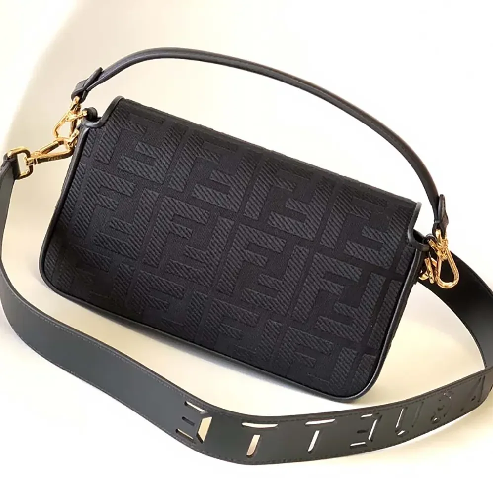 Fendi Baguette Black Denim Bag with FF Embroidery for Women