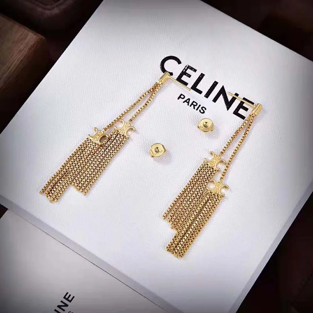 Celine Triomphe Folk Pompon Earrings in Brass with Gold Finish for Women