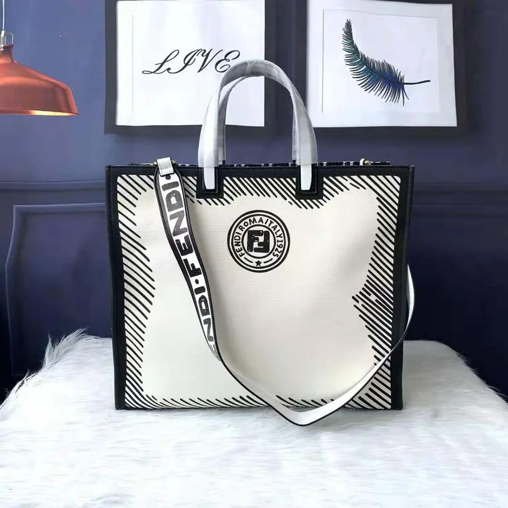 Fendi Shopper White Glazed Canvas Bag for Women