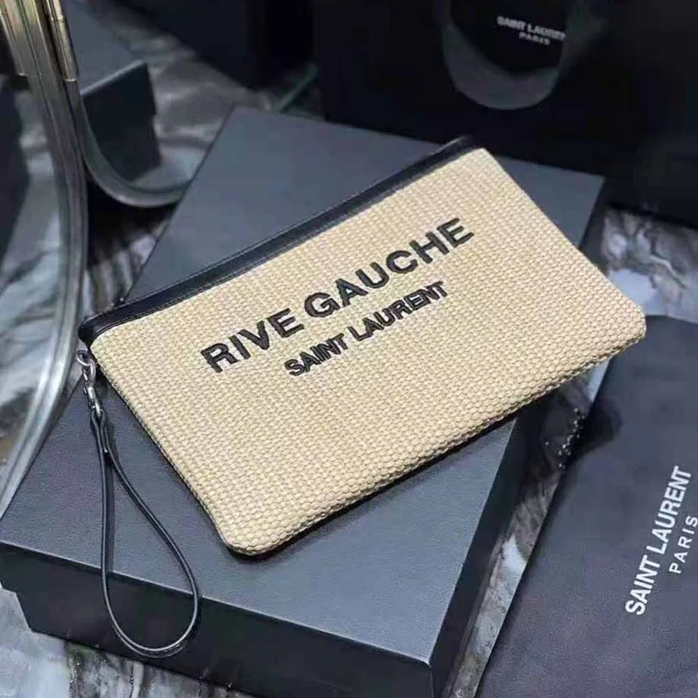 Saint Laurent YSL Rive Gauche Zippered Pouch in Embroidered Raffia and Leather for Women