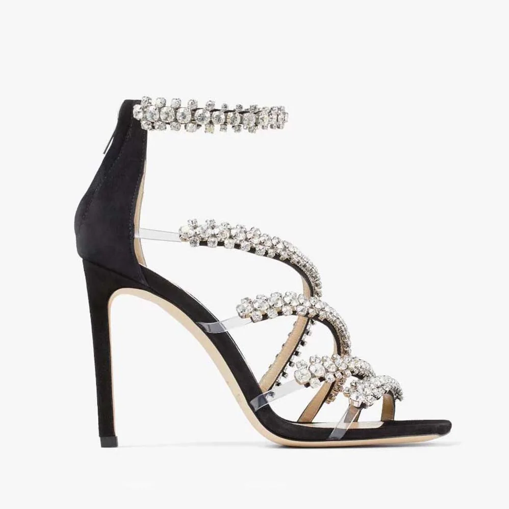 Jimmy Choo Josefine 100 Black Suede Sandals with Crystal Embellishment for Women Jimmy Choo Josefine 100 Black Suede Sandals with Crystal Embellishment for Women