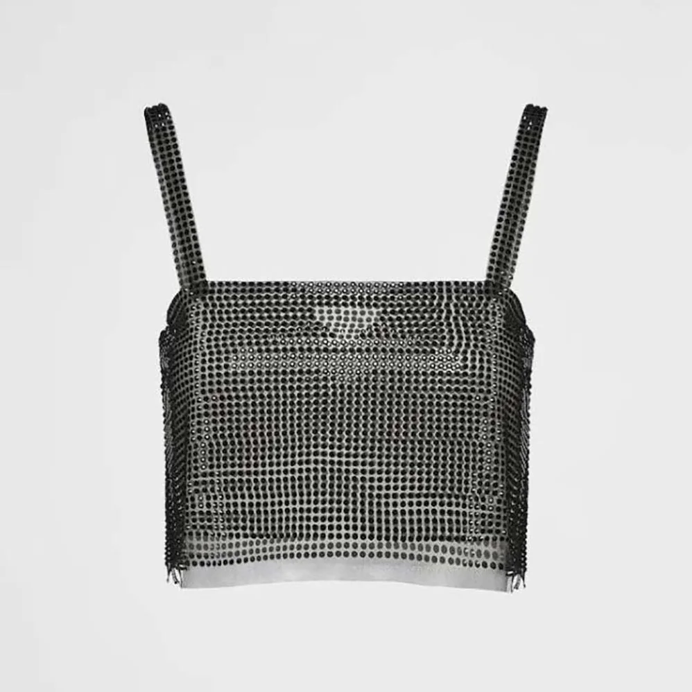 Prada Tulle Crop Top with Crystals for Women in Black Prada Tulle Crop Top with Crystals for Women in Black