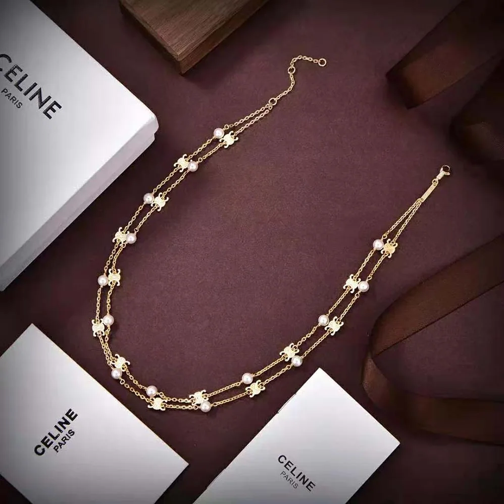 Celine Triomphe Pearl Double Necklace in Brass with Gold Finish and Resin Pearls for Women