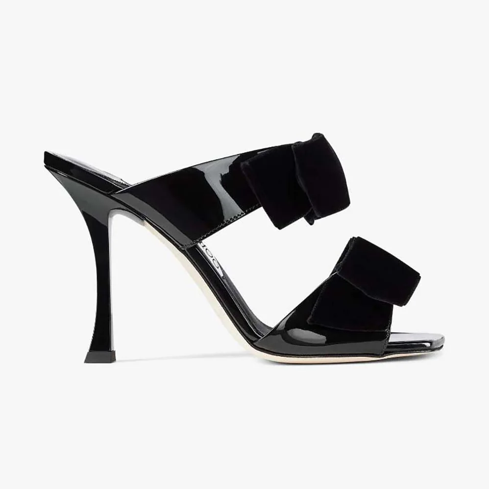 Jimmy Choo Flaca Sandal 100 Black Patent Sandal with Velvet Bow for Women Jimmy Choo Flaca Sandal 100 Black Patent Sandal with Velvet Bow for Women