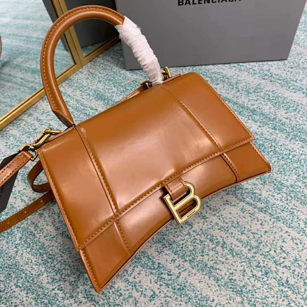Balenciaga Hourglass Small Top Handle Bag in Shiny Box Calfskin for Women in Brown