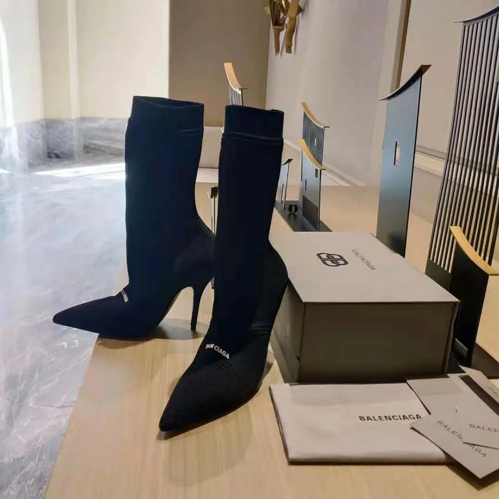 Balenciaga Knife 2.0 80mm Bootie in Black and White Textured Recycled Knit for Women Balenciaga Knife 2.0 80mm Bootie in Black and White Textured Recycled Knit for Women