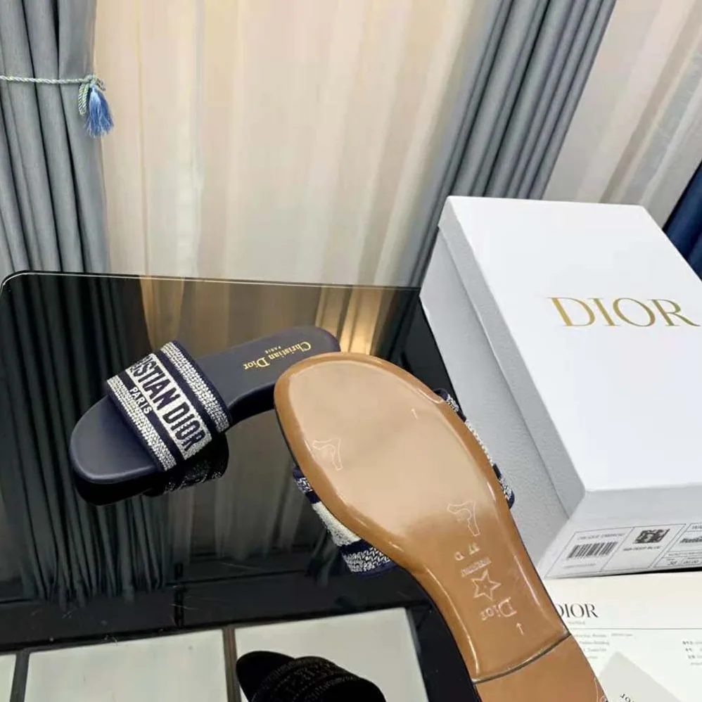 Dior Dway Slide Black Cotton Embroidery with Metallic Thread and Silver for Women in Tone Strass