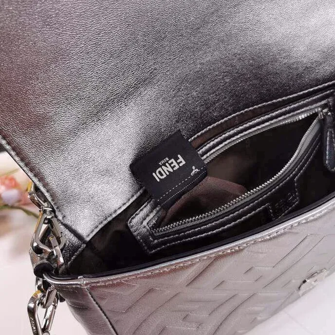 Fendi Baguette Chain Midi Medium Silver Bag For Woman /