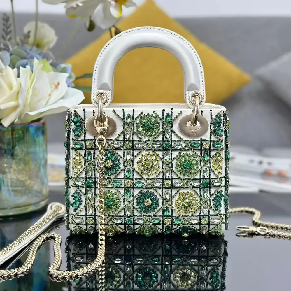 Dior Small Lady Dior Bag Metallic Calfskin and Satin with Celestial Green Bead Embroidery for Women Dior Small Lady Dior Bag Metallic Calfskin and Satin with Celestial Green Bead Embroidery for Women
