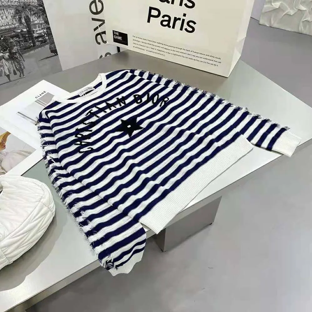 Dior Marinière Sweater Navy Blue and White Linen Cashmere and Silk Knit with Signature for Women Dior Marinière Sweater Navy Blue and White Linen Cashmere and Silk Knit with Signature for Women