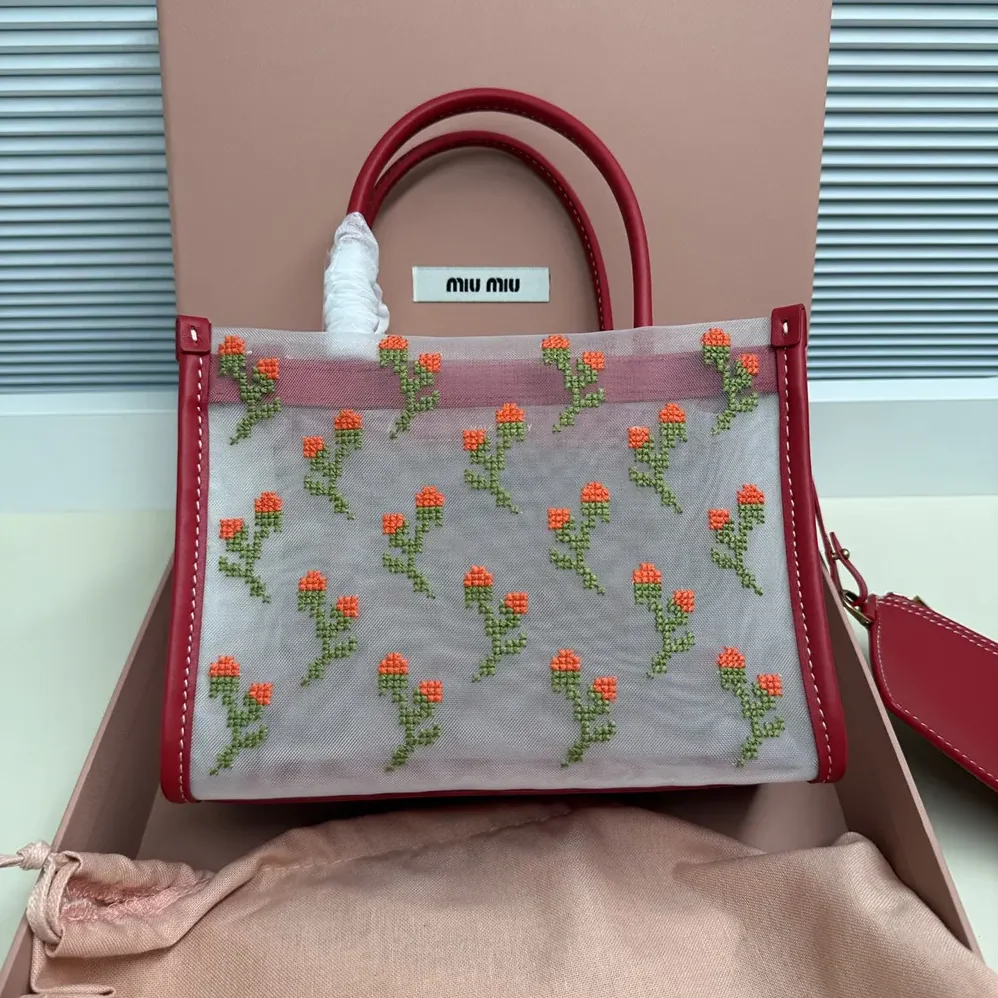 Miu Miu Embroidered Mesh Top-handle Bag for Women in Red Miu Miu Embroidered Mesh Top-handle Bag for Women in Red