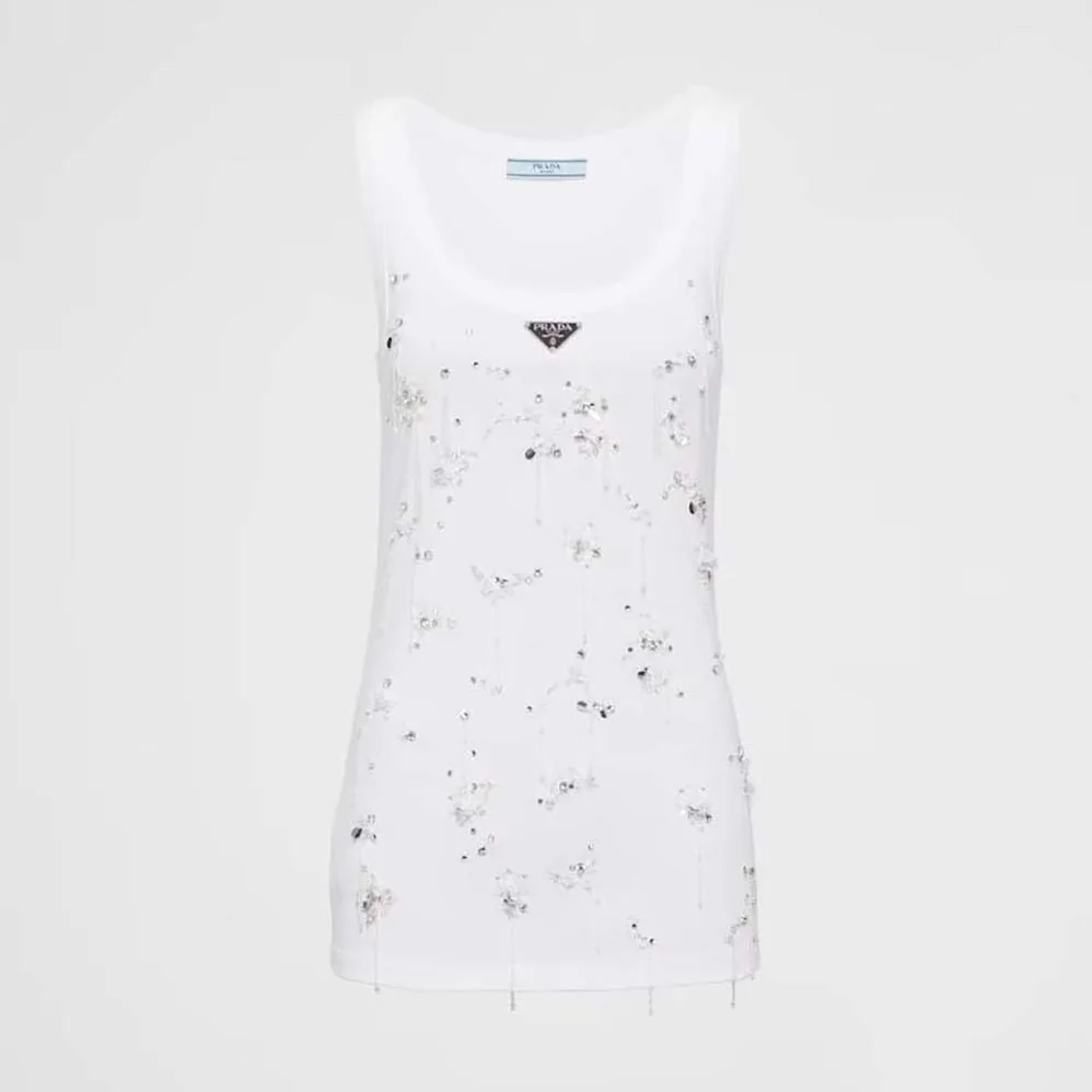 Prada Ribbed Knit Jersey Top with Embroidery for Women Prada Ribbed Knit Jersey Top with Embroidery for Women