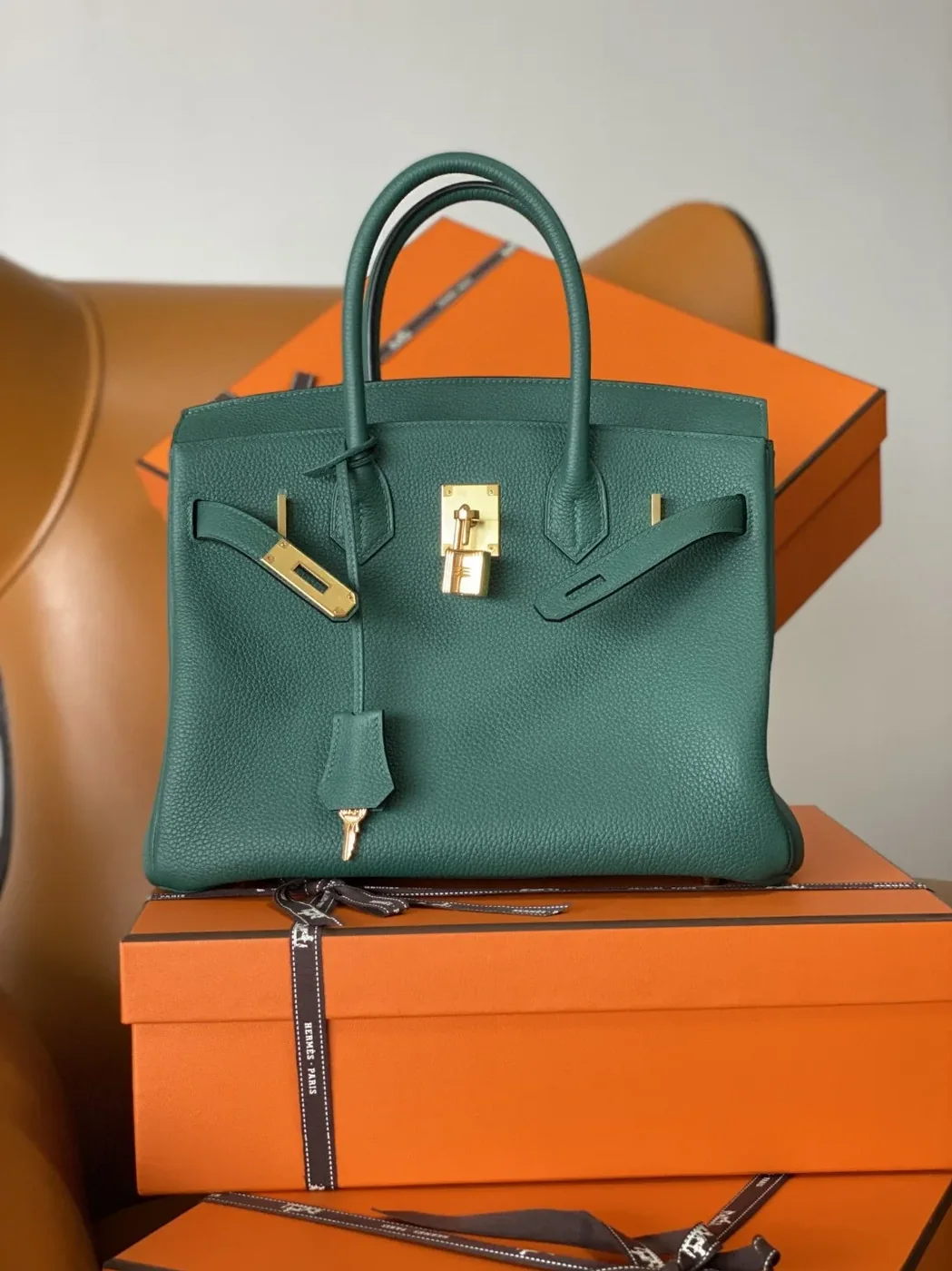 Hermes Birkin Top Handle Bag / Nata Swift Dark Green Gold Hardware