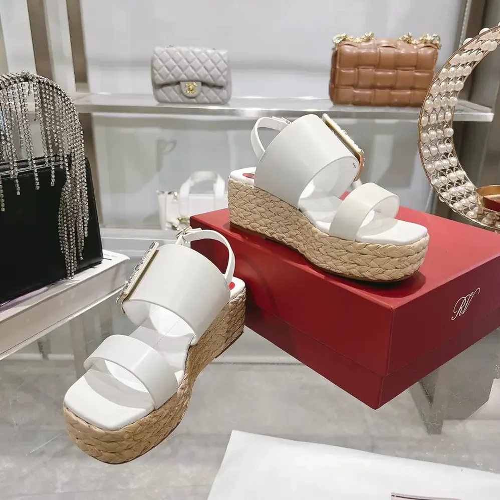 Roger Vivier Strass Buckle Raffia Wedge Sandals in Leather for Women Roger Vivier Strass Buckle Raffia Wedge Sandals in Leather for Women