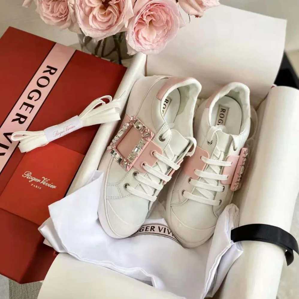 Roger Vivier Viv Skate Strass Buckle Sneakers in Soft Leather for Women in Pink Roger Vivier Viv Skate Strass Buckle Sneakers in Soft Leather for Women in Pink