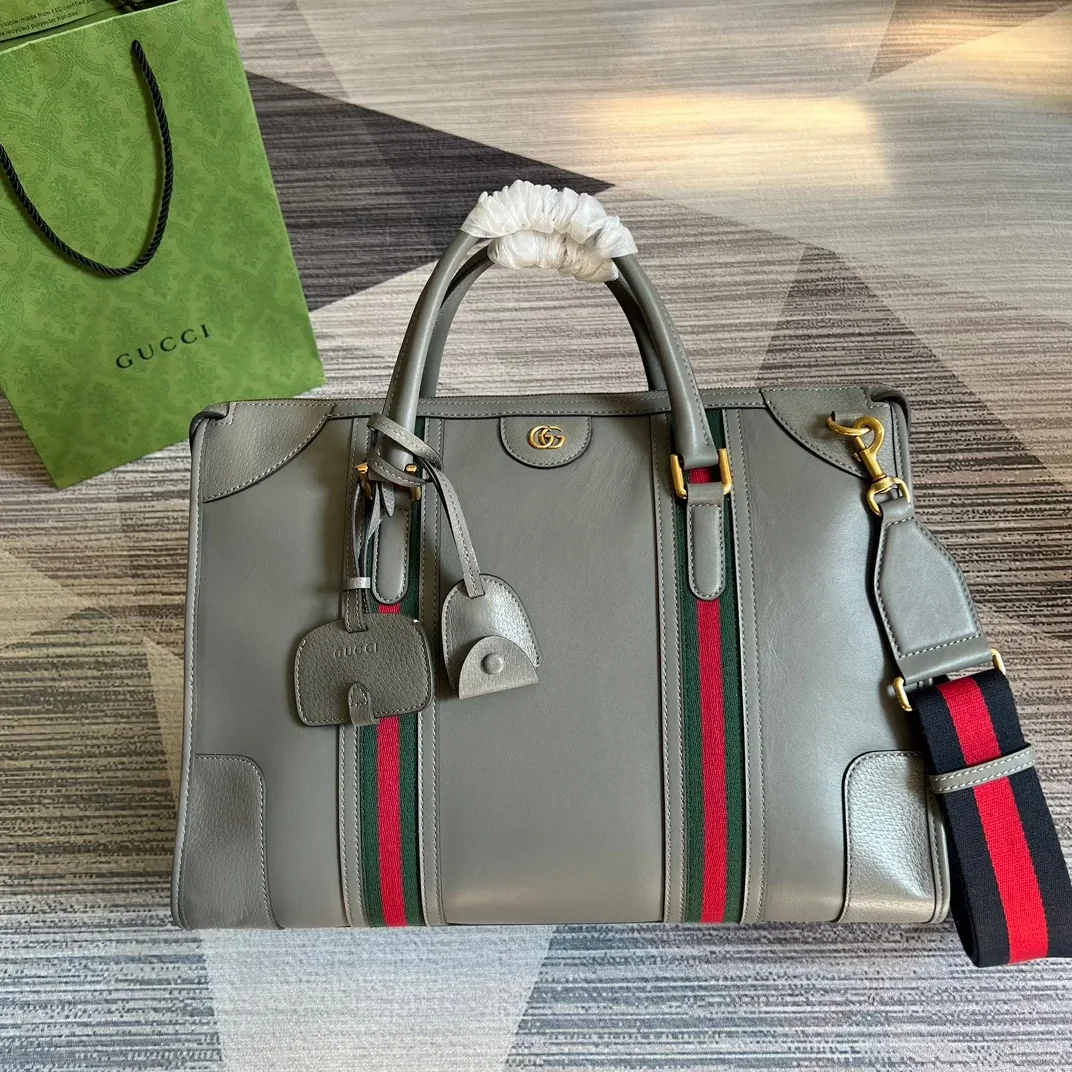 Large Bauletto Top Handle Bag With Double G Grey in Brown / Large Bauletto Top Handle Bag With Double G Grey in Brown /