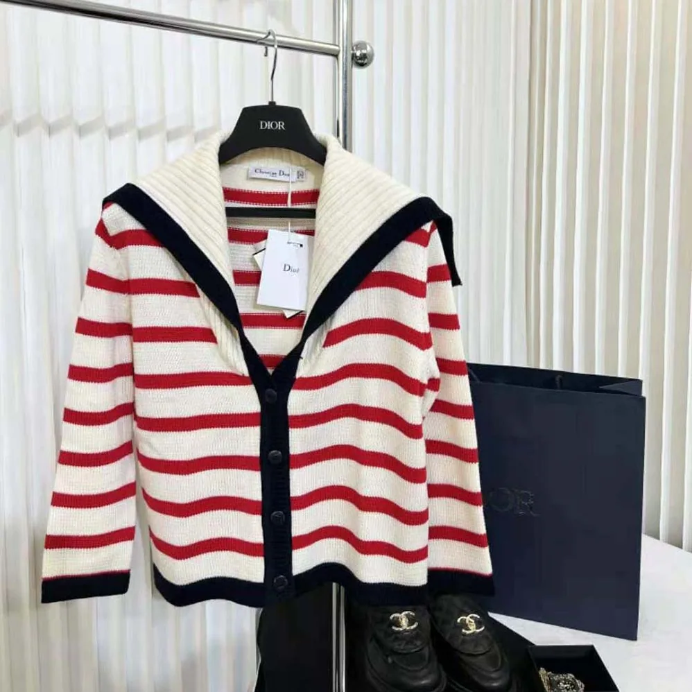 Dior Mariniere Cardigan Red and Ecru D-Stripes Ribbed Wool and Cashmere Knit for Women