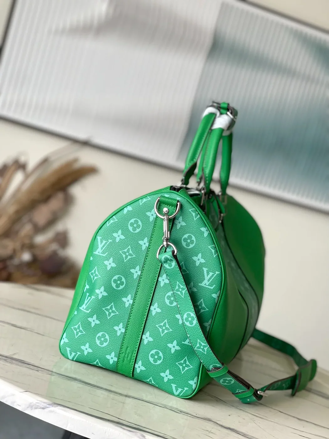 Louis Vuitton Keepall Bandouliere 45 Travel Bag in Green Silver Hardware