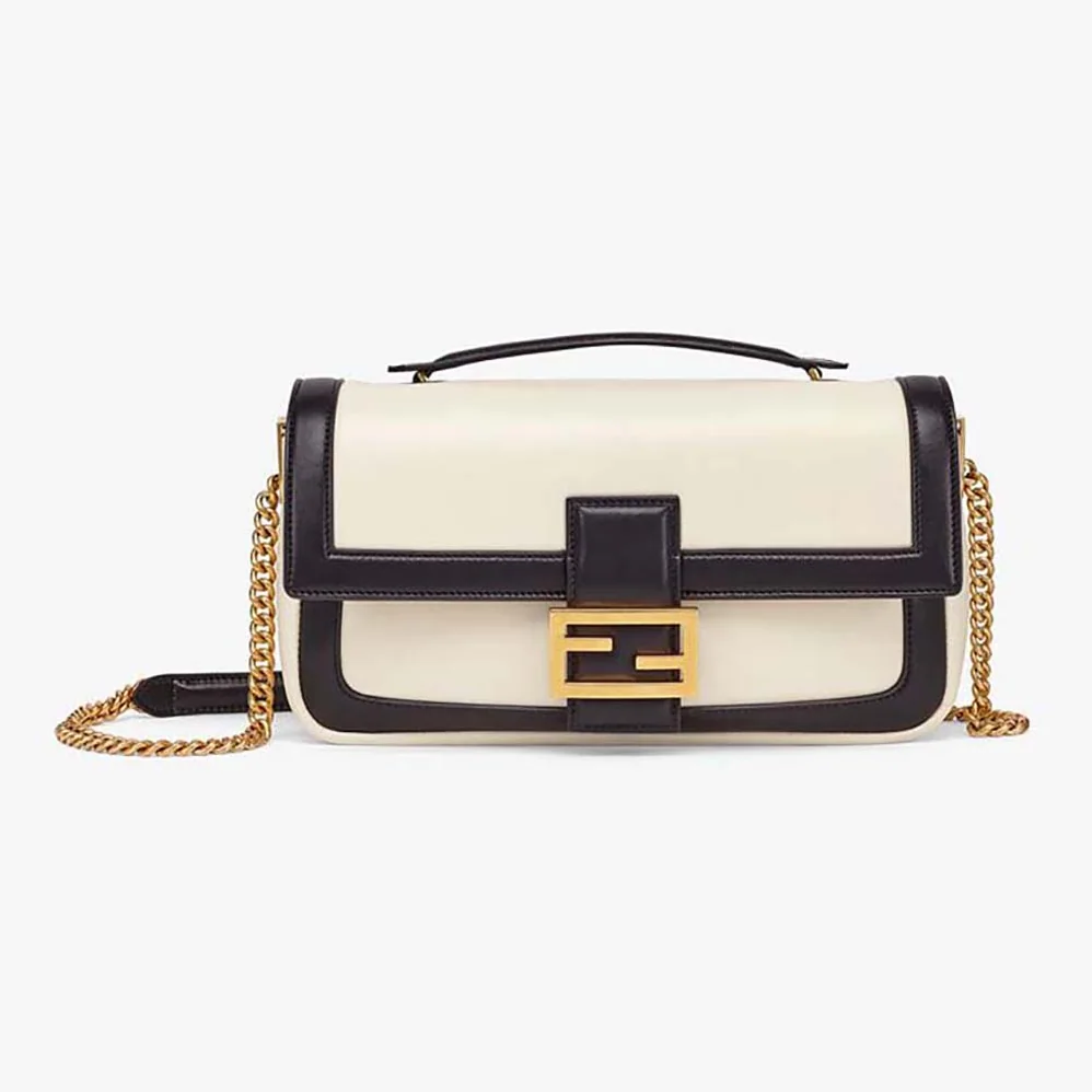 Fendi Baguette Chain Black and White Nappa Leather Bag for Women