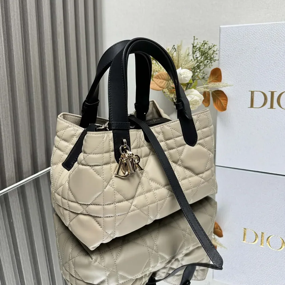 Dior Small Dior Toujours Bag Rope Beige and Black Macrocannage Calfskin for Women