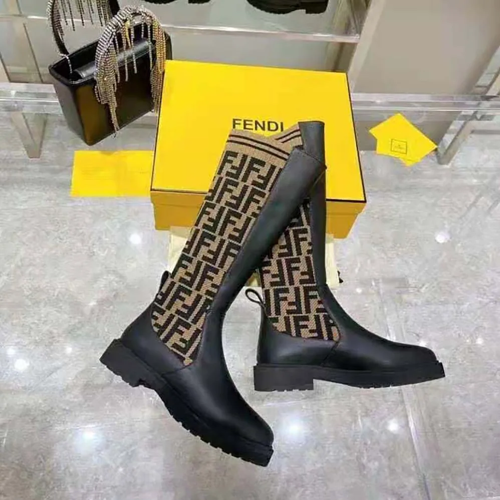 Fendi Rockoko Black Leather Ankle Boots with Stretch Fabric for Women