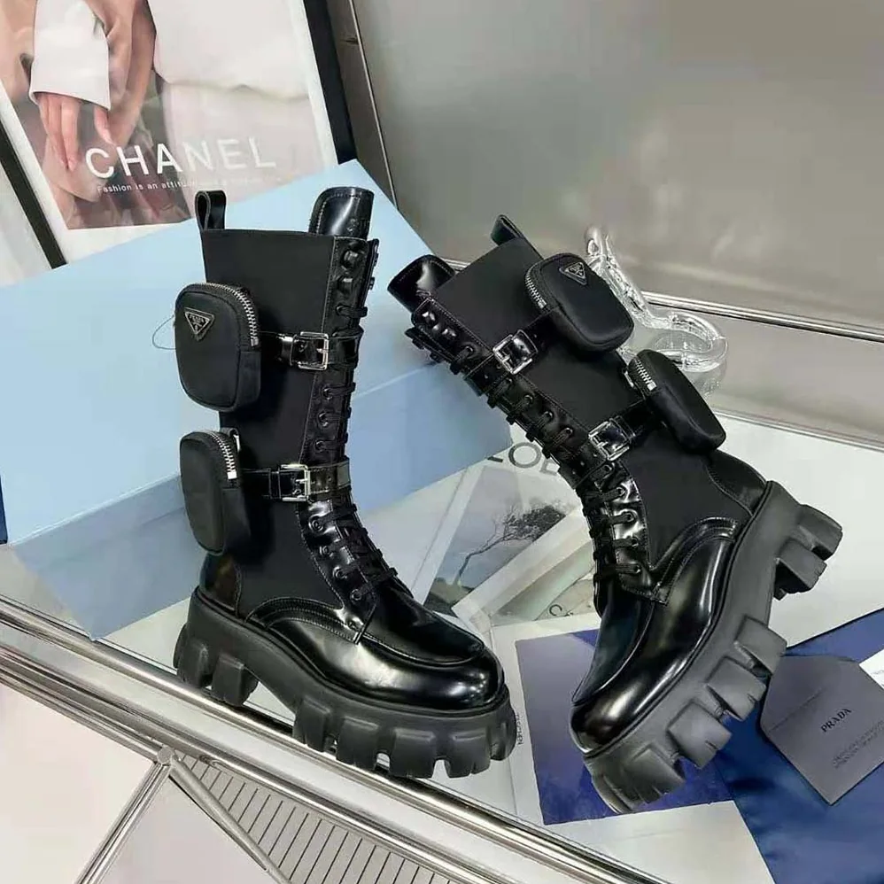 Prada Monolith Leather and Nylon Boots for Women in Black Prada Monolith Leather and Nylon Boots for Women in Black