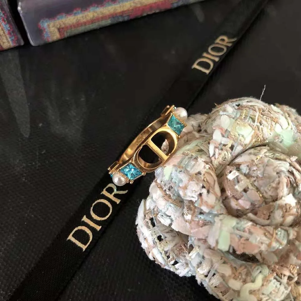 Dior Petit CD Ring Gold-Finish Metal with White Resin Pearls and Light Blue Crystals for Women Dior Petit CD Ring Gold-Finish Metal with White Resin Pearls and Light Blue Crystals for Women