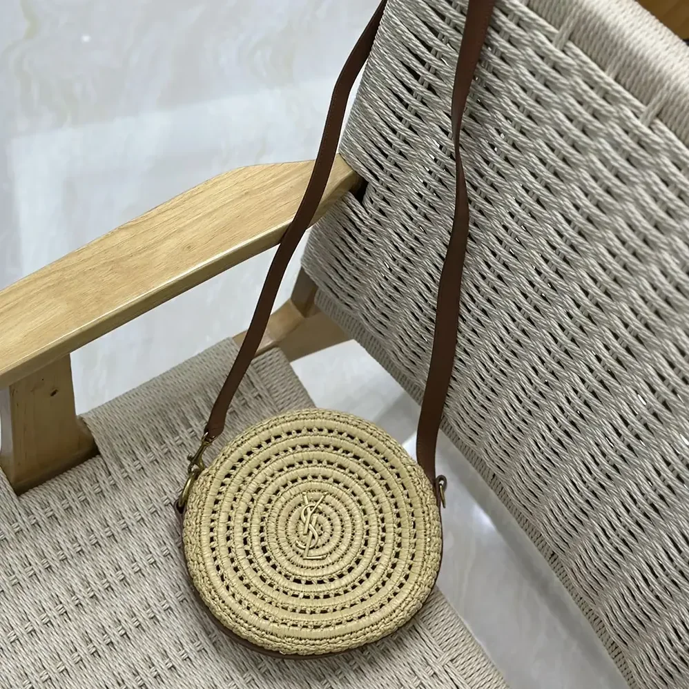 Saint Laurent YSL Round Bag in Raffia and Vegetable for Women in Tanned Leather Saint Laurent YSL Round Bag in Raffia and Vegetable for Women in Tanned Leather