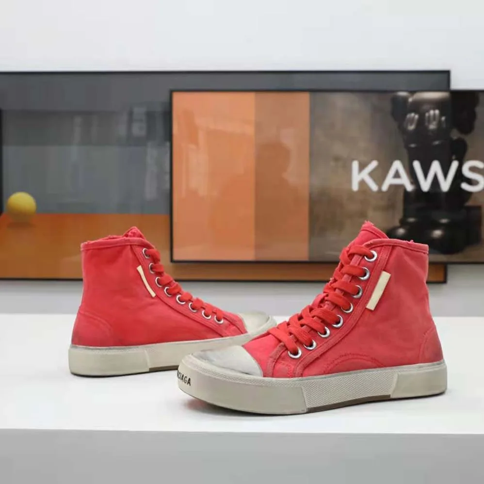 Balenciaga Paris High Top Sneaker in Red Destroyed Cotton and White Rubber for Unisex Balenciaga Paris High Top Sneaker in Red Destroyed Cotton and White Rubber for Unisex