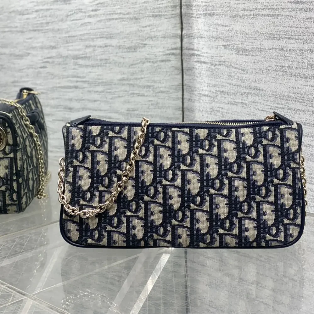 Dior Oblique Bow Pouch with Chain Blue Dior Oblique Jacquard for Women