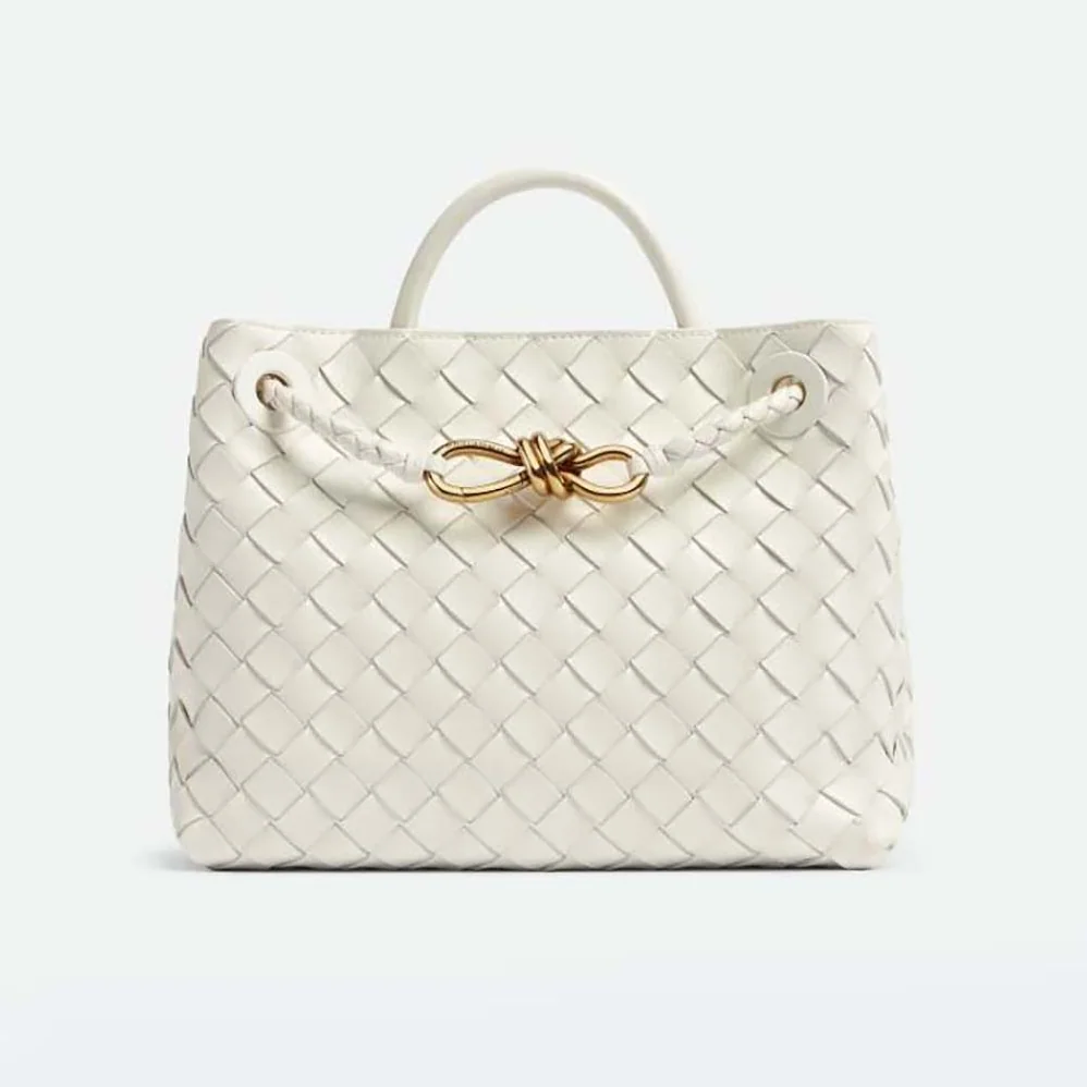 Bottega Veneta Small Andiamo Intrecciato Leather Top Handle Bag for Women in White