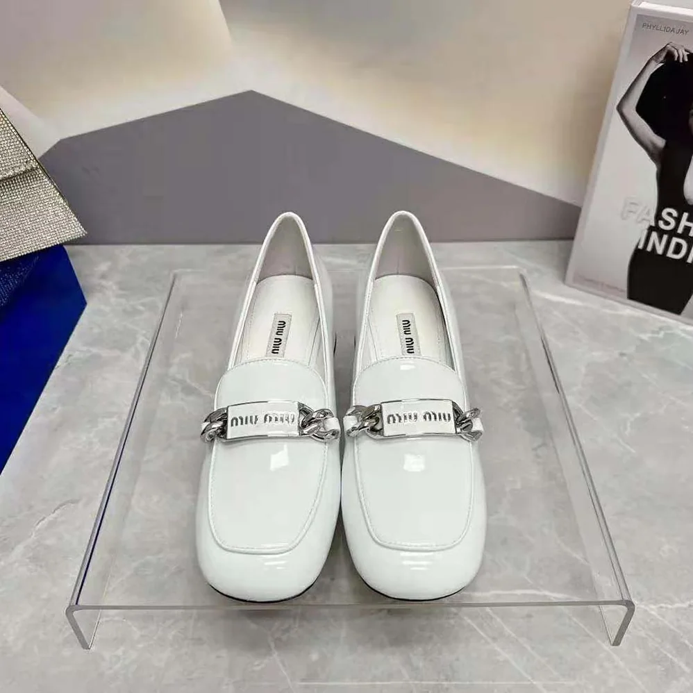 Miu Miu Patent Leather Loafers in 35 mm Heel Height for Women in White Miu Miu Patent Leather Loafers in 35 mm Heel Height for Women in White