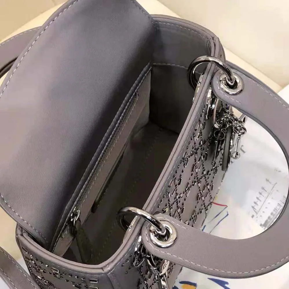 Dior Mini Lady Dior Bag Gray Strass Cannage Satin for Women