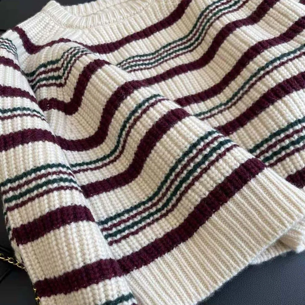 Celine Crew Neck Sweater in Striped Ribbed Wool for Women