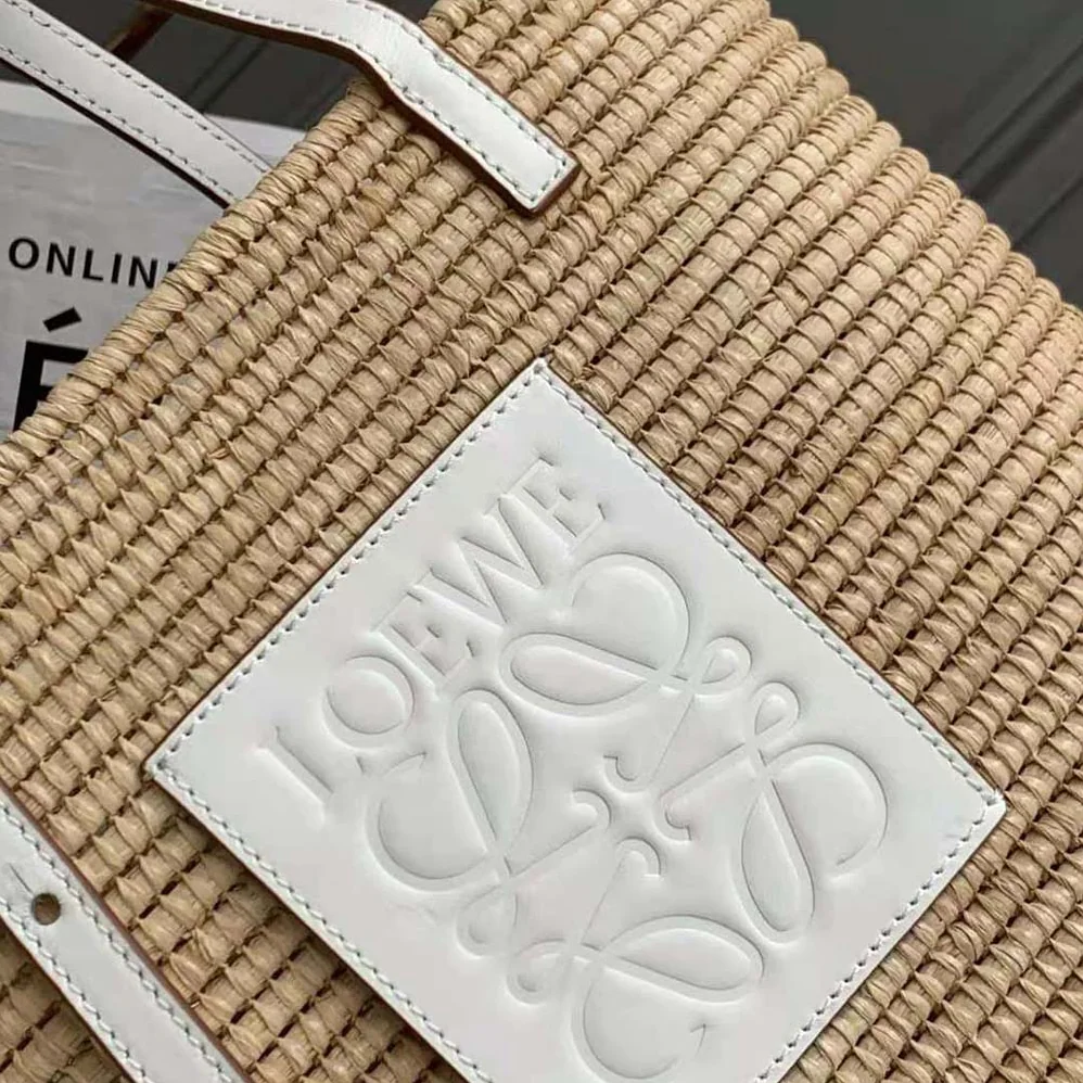 Loewe Small Square Basket Bag in Raffia and Calfskin for Women in White