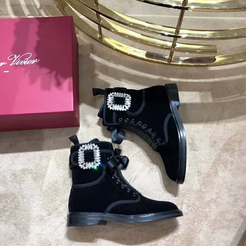 Roger Vivier Shoes Viv' Rangers Strass Buckle Fabric Ankle Boots for Women in Black