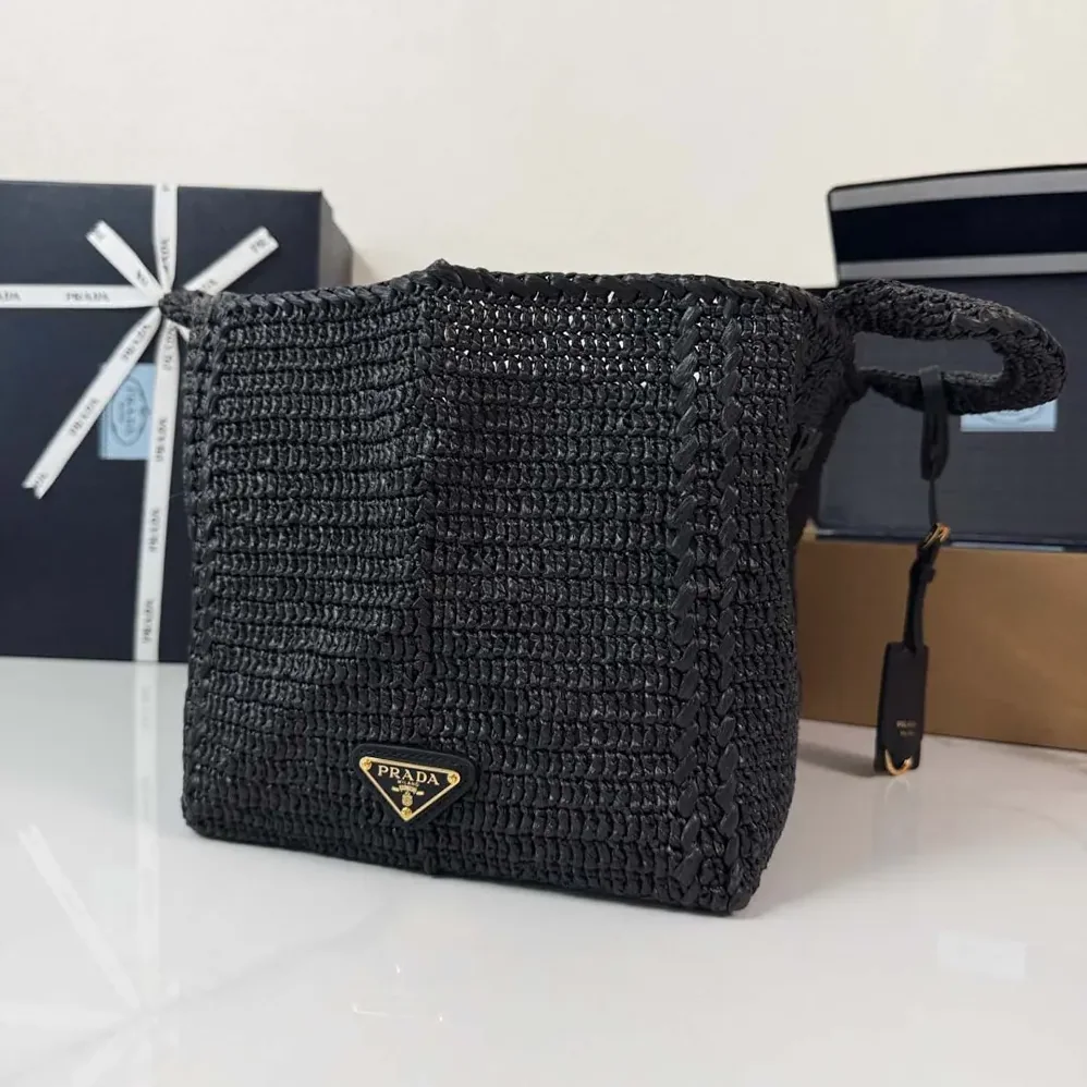 Prada Large Crochet Tote Bag with Leather Details for Women in Black