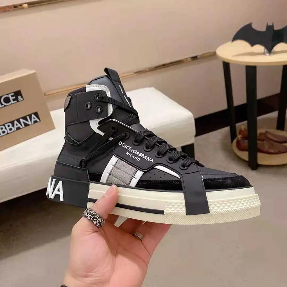 Dolce Gabbana D&G Calfskin 2.Zero Custom High-Top Sneakers with Contrasting Details for Men in Black