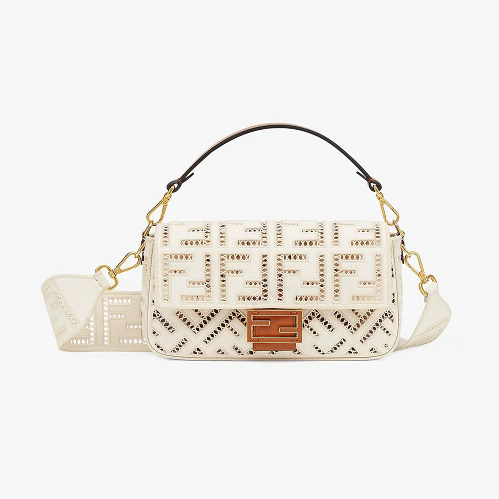 Fendi Baguette Canvas Bag with Embroidery for Women in White Fendi Baguette Canvas Bag with Embroidery for Women in White