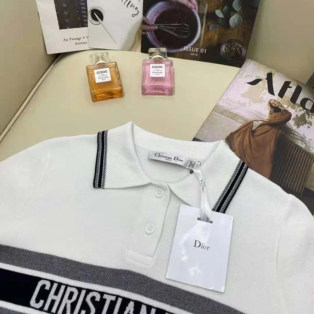 Dior Polo Shirt White and Navy Blue Cotton Jersey for Women Dior Polo Shirt White and Navy Blue Cotton Jersey for Women