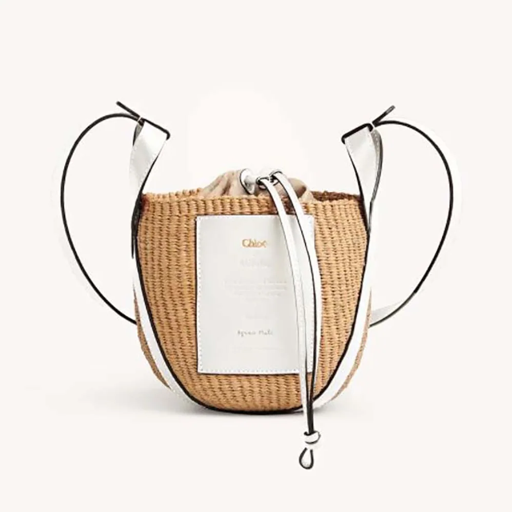 Chloe Small Basket in Fair-Trade Paper and Shiny Calfskin for Women in White Chloe Small Basket in Fair-Trade Paper and Shiny Calfskin for Women in White
