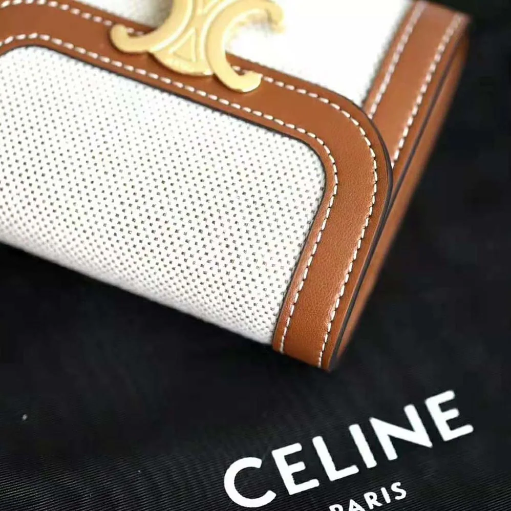 Celine Small Triomphe Wallet in Textile and Calfskin for Women in Brown Celine Small Triomphe Wallet in Textile and Calfskin for Women in Brown